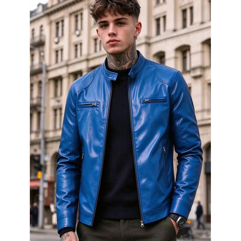 New men's stand-up collar PU leather jacket slim locomotive jacket autumn business casual ruffian handsome jacket