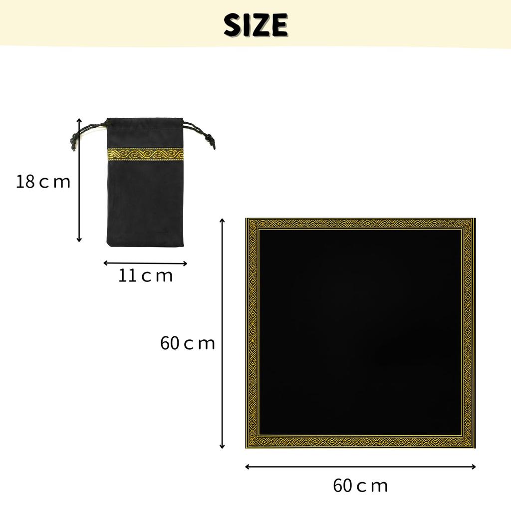 ATAK Tarot Cloth with Pouch [Professional-grade for Elevating Your Fortune-telling Space] Large Size 60cm X 60cm Velvet (Black with Gold Trim)