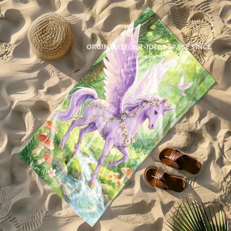 Magical Forest Winged Unicorn Beach Towel Patterned Sunscreen And Windproof Suitable For Swimming Pool Camping Travel