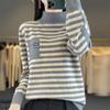 Casual Plus Size Striped Knit Sweater – Slimming Half High Neck Loose Fit Top