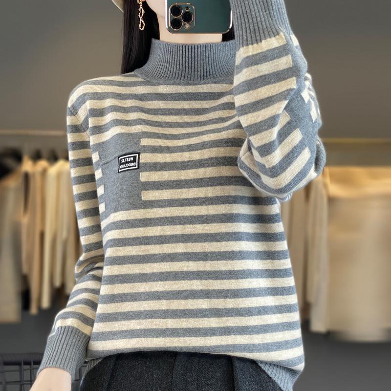 Casual Plus Size Striped Knit Sweater – Slimming Half High Neck Loose Fit Top
