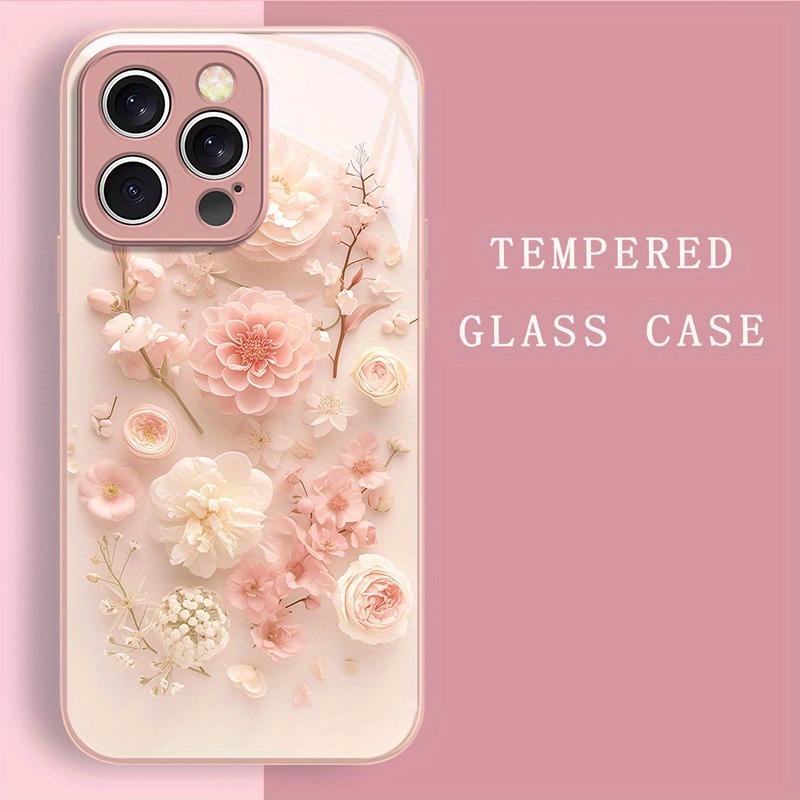 Cute Flower Pattern Pink Metallic Paint Glass Hard Phone Case For iPhone 11 12 13 14 15 16 17 Pro Max 15 14 Plus 16E 17Air Cover