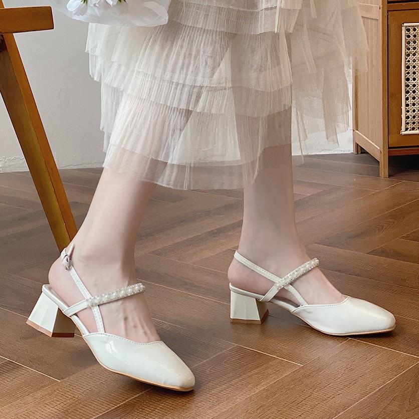 Pearl thick-heeled sandals summer fashion retro temperament Mary Jane shoes one-word buckle high heels