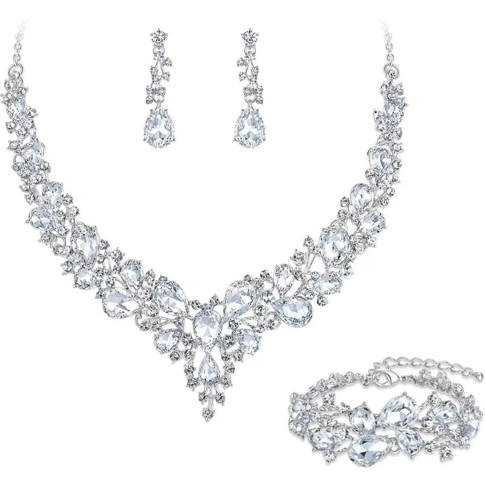 Popular Water Drop Women's Alloy Bridal Necklace Earrings Two-piece Set New Clavicle Short Necklace