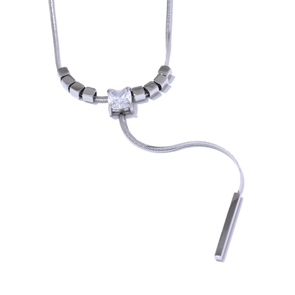 

Yhpup Stylish Unique Stainless Steel Square CZ Long Elegant Chain Necklace Pendant Temperament Charm Neck Jewelry Waterproof