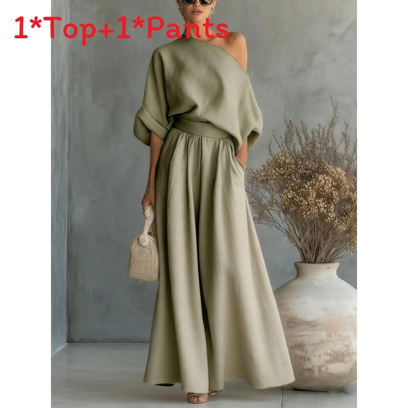 Elegant Summer Top And Pants Set With Polyester Fabric For Womens Casual Office Wear