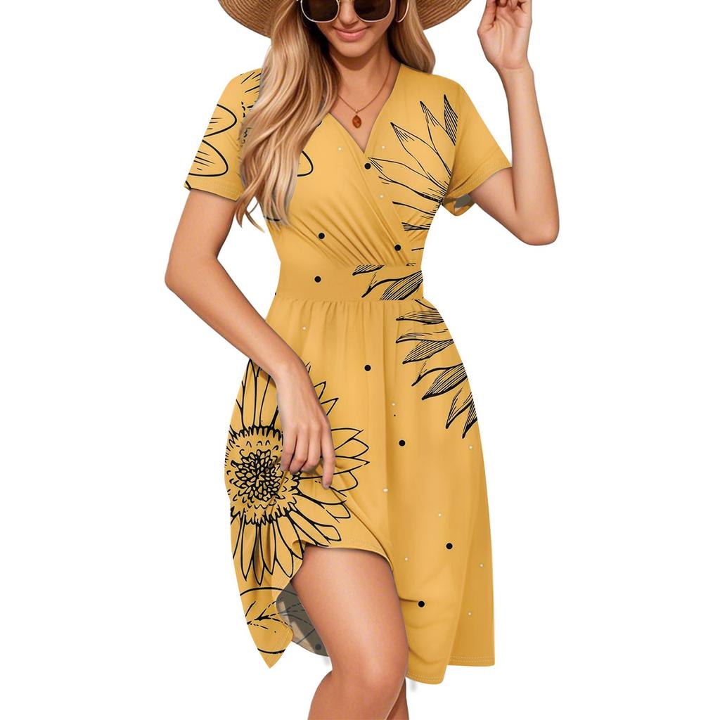 Women's Dress Is Elegant And Casual, Featuring A Colorful Printed V-neck Short-sleeved Dress