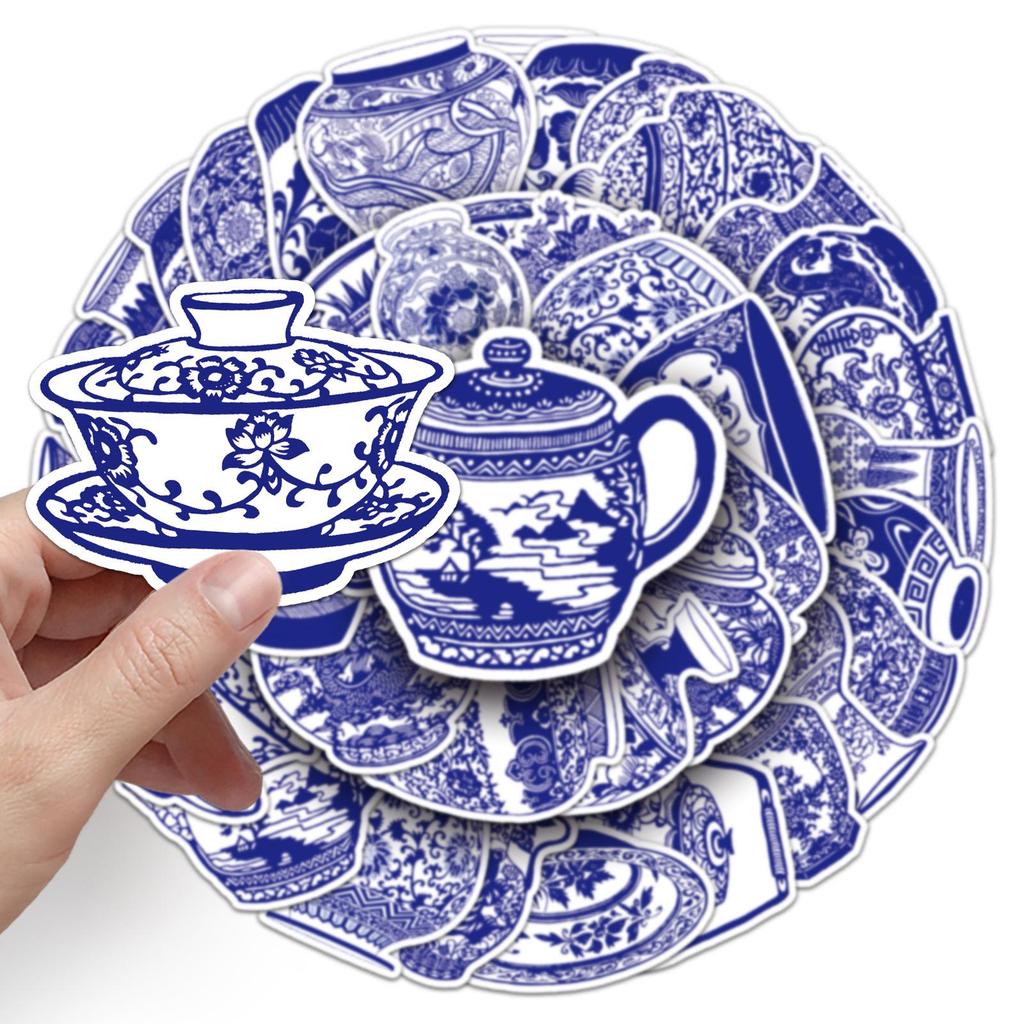 50 Chinese Style Blue & White Porcelain Stickers - Waterproof Graffiti Decoration for Journals & Cups