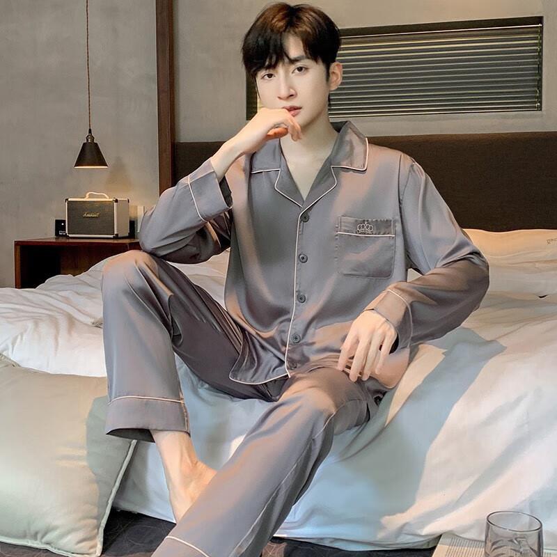 LANGSHA Plus-Size Ice Silk Pajamas for Men, Spring And Summer High-End Thin Style New Product, Wearable Outside, Long-Sleeve Long Pants Home Wear Set