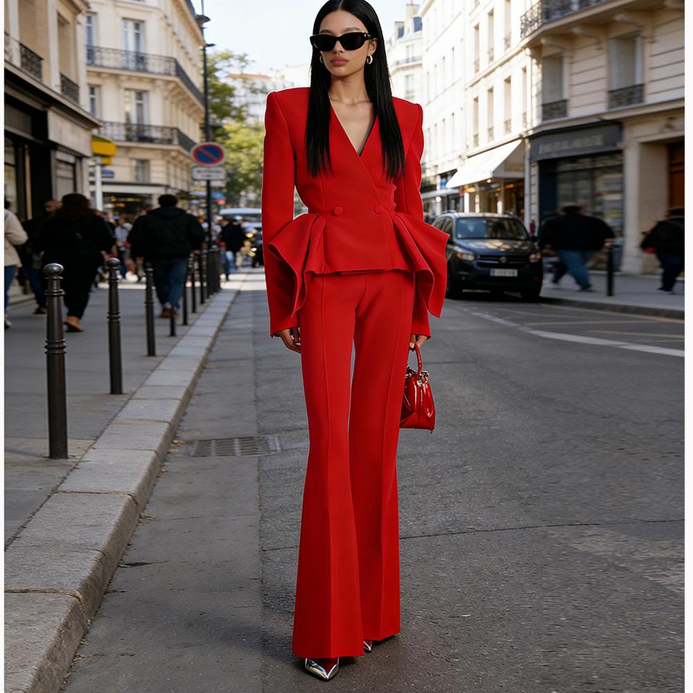 

Available: 2026 Designer Slim Fit Ruffle Hem Jacket & Micro-Flare Pants Two-Piece Set XL красный