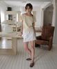 Toabe Waffle Off-Shoulder Button T-Shirt (Yellow)