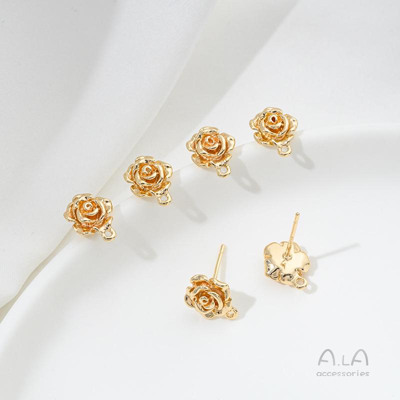 Ohrstecker aus 14 Karat Gold-Filled mit dreidimensionalen Rosenblüten, 925er Silberstiften und Biegeringen für DIY-Zubehör