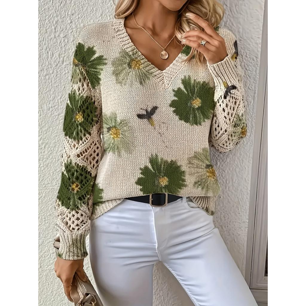 Elegant Autumn and Winter, Bohemian, Western-style Versatile Pullover V-neck Long Sleeved Women's Top, Trendy Women's Knitted Sweater