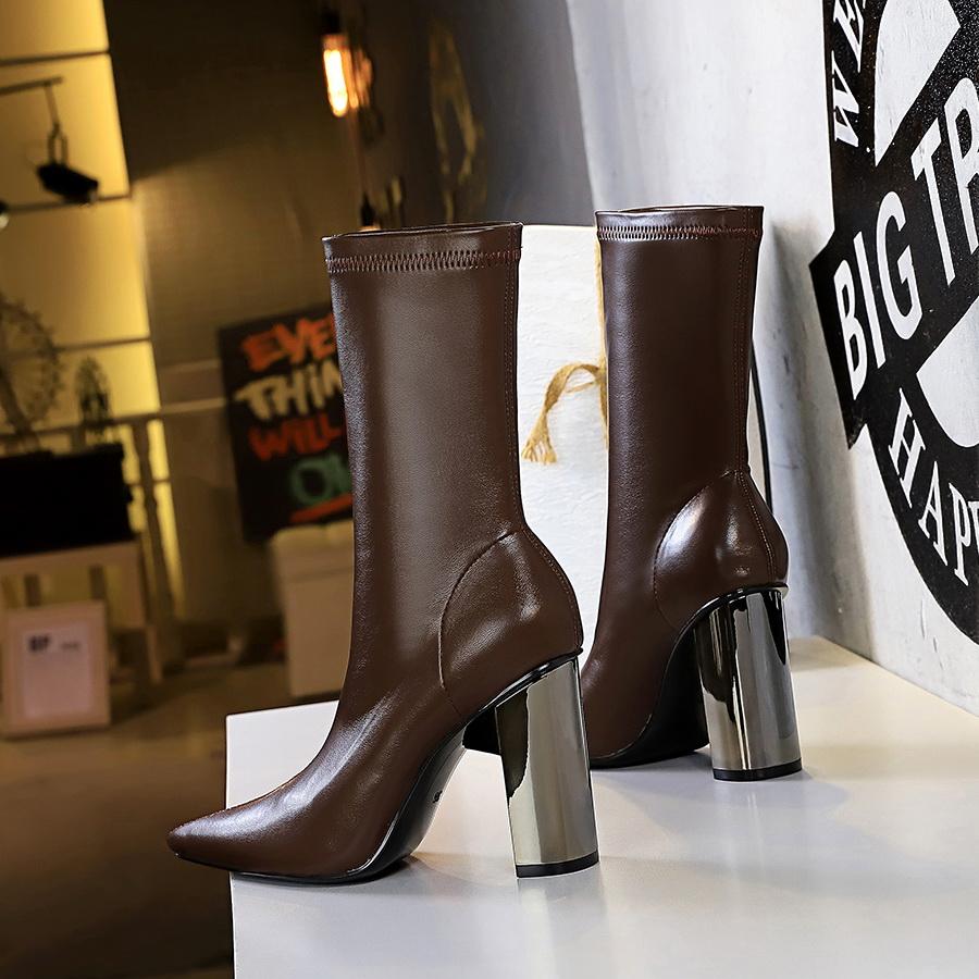 Bigtree Shoes Mid-Calf Boots Chunky Block Heels Women Boots Pointed High-Heeled Boots Lady Pu Leather Boots Autumn Winter Shoes