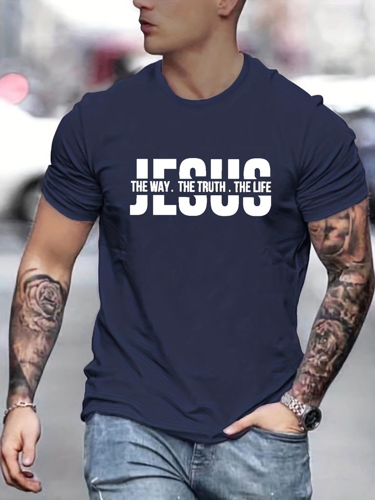 Letnia Męska 100% Bawełna Jezus Droga Prawda Życie Nadruk Casual Luźna Sportowa Wygodna Okrągły Dekolt Krótki Rękaw Koszulka Top