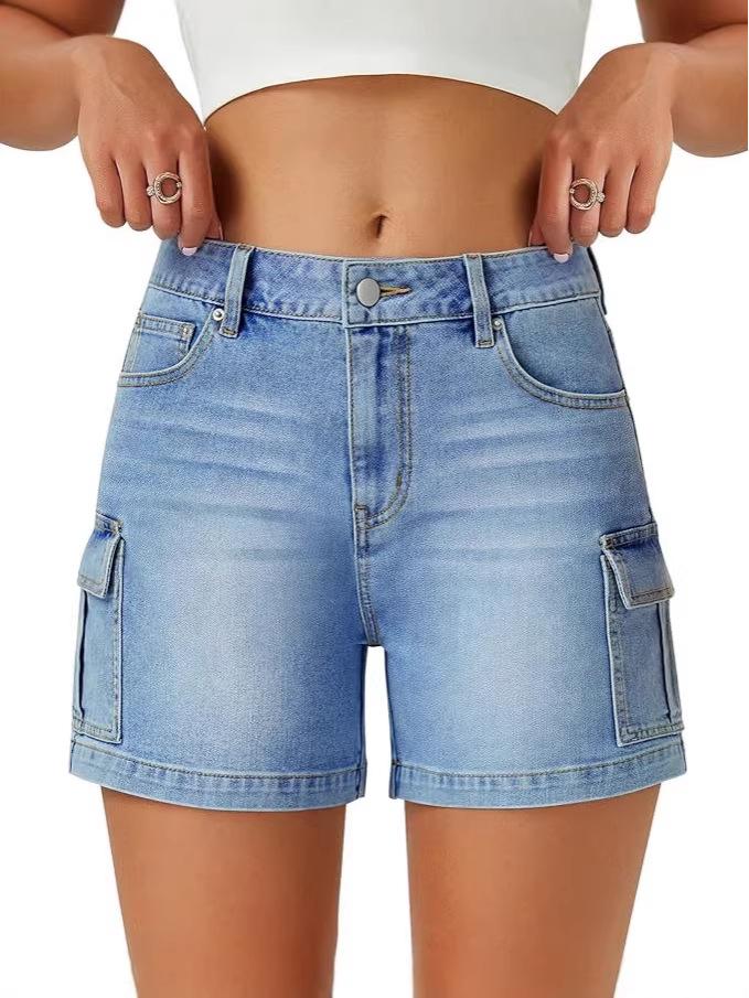 Women's Versatile High-Waist Cargo Denim Shorts - Multi-pocket, Wide-leg, Casual Summer Style
