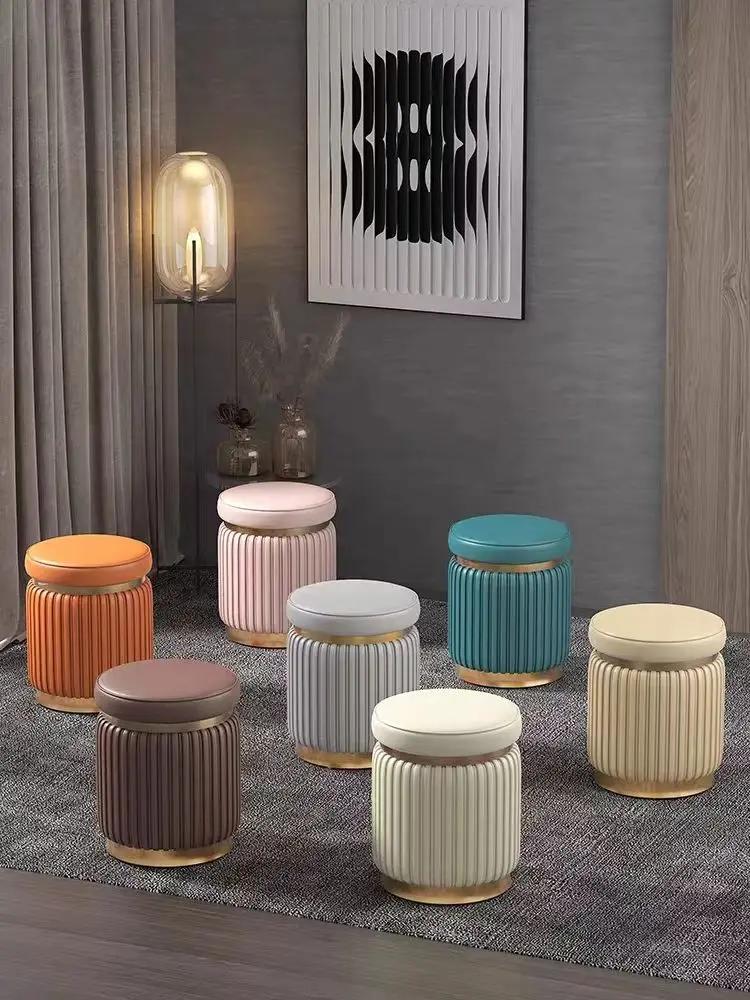 Small Stools Leather Stools Light Luxury Round Stool Makeup Stool Living Room Coffee Table bench High-end Sofas Soft Cushions