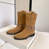 3cm Fashion Cow Suede Western Boots Women Round Toe Block Heel Slip On Ankle Fall Winter