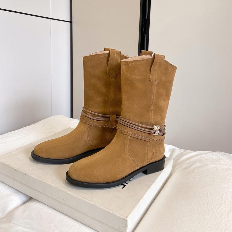 3cm Fashion Cow Suede Western Boots Women Round Toe Block Heel Slip On Ankle Fall Winter