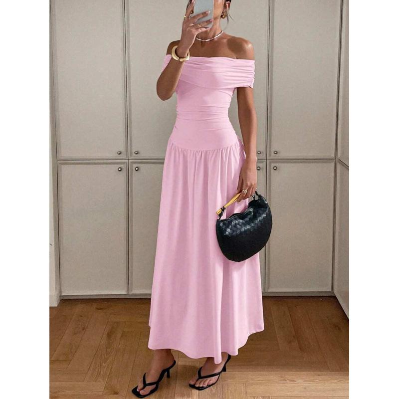 European and American Pure Desire Sexy One-word Shoulder Off the Shoulder Simple Fashion Elegant Waist Thin Dress Women