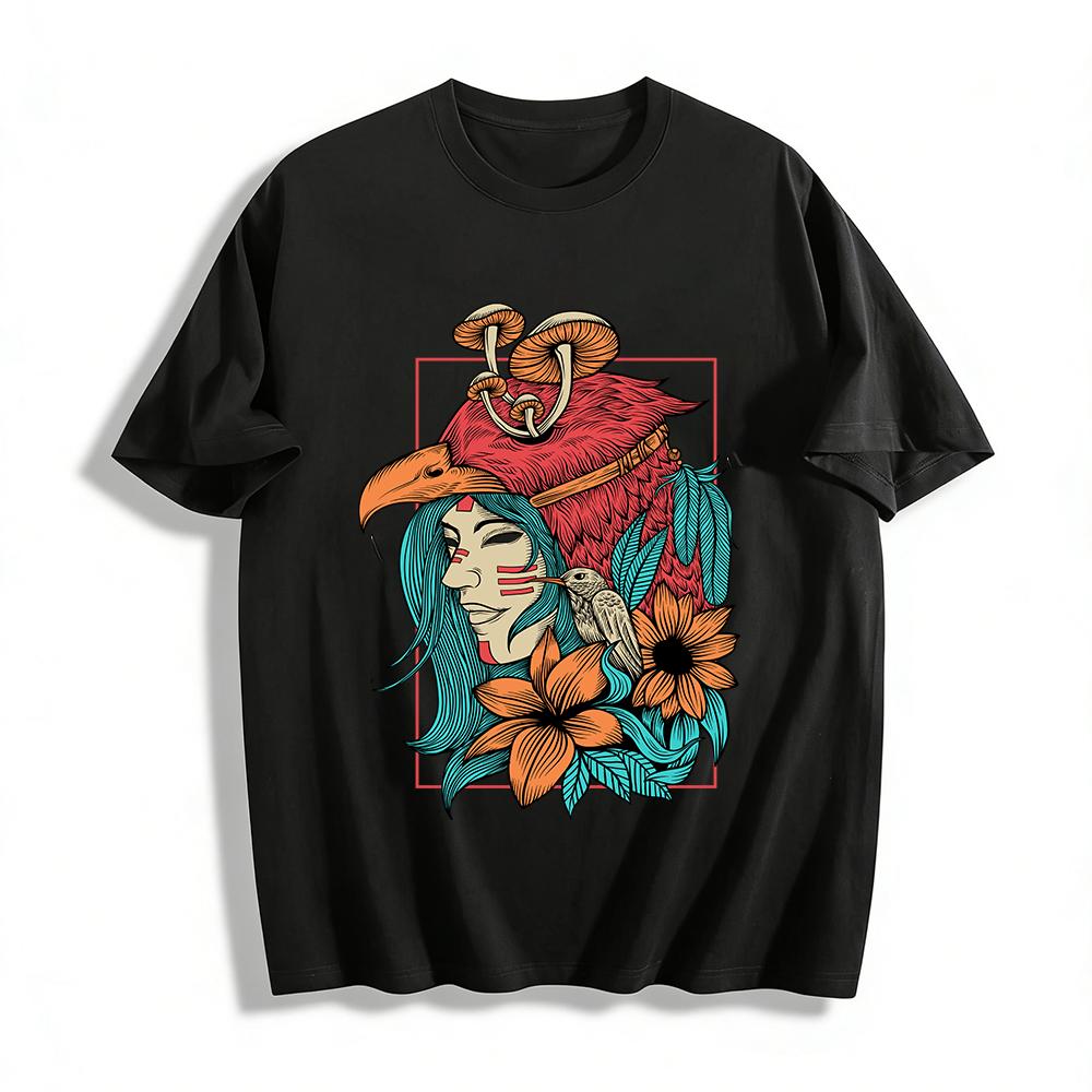 Tribal Shaman Style Bird Flower Mushroom Print Casual Top Pure cotton T-shirt XXS