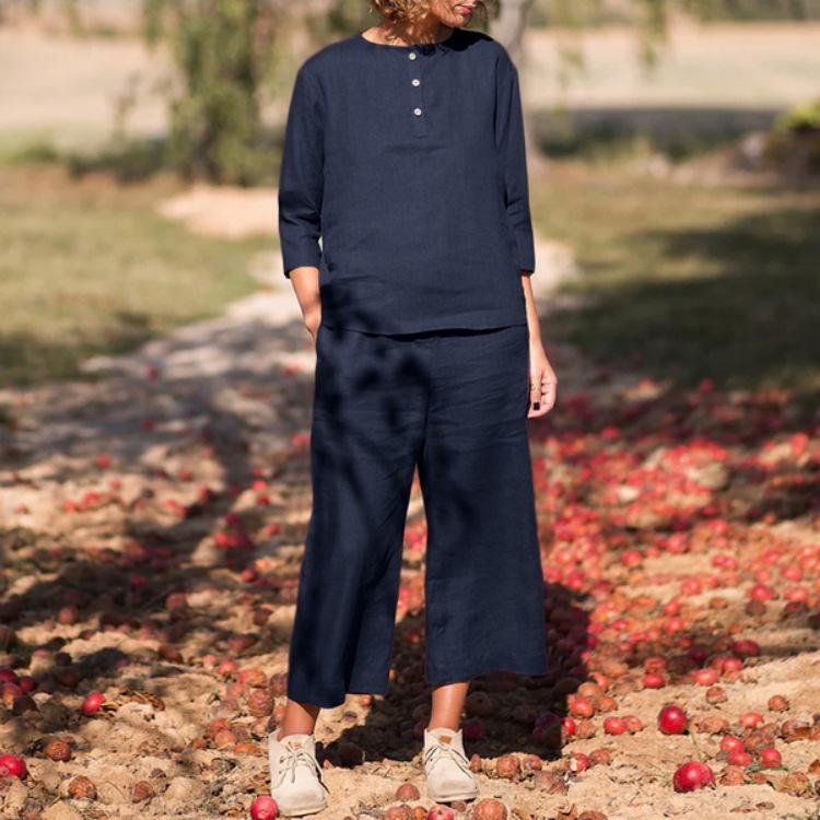 

Женский повседневный хлопковый комплект большого размера с пуговицами, рукавом до середины и карманами 3XL темно-синий