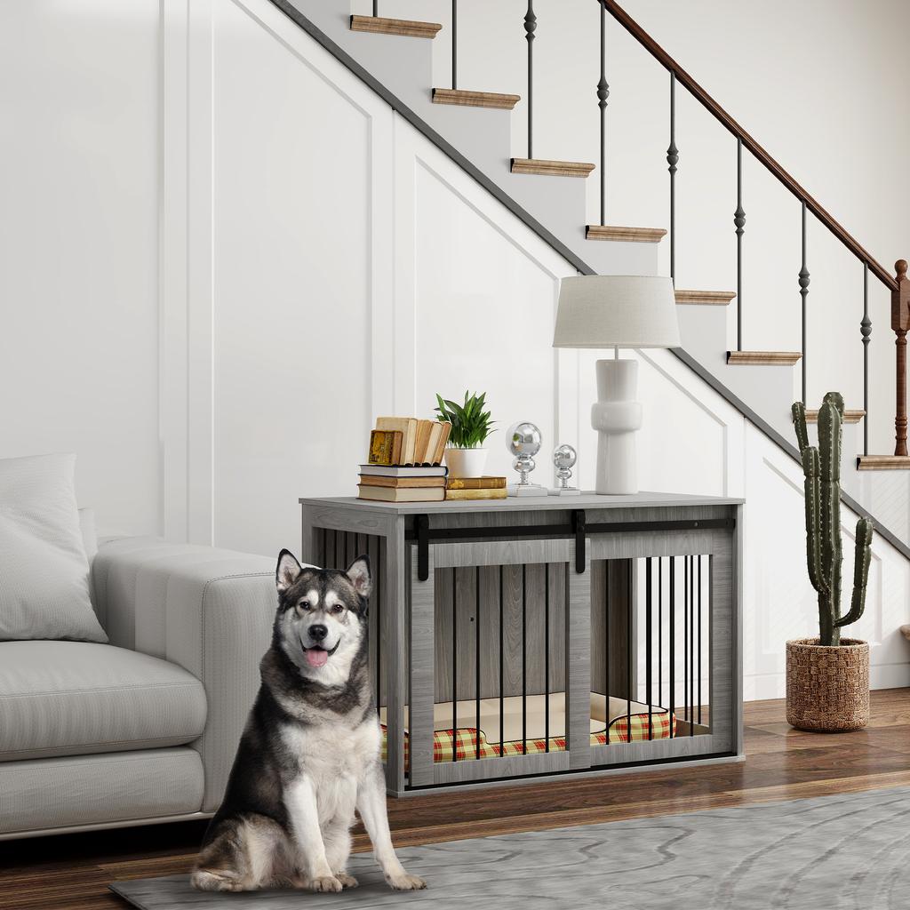 Dog Crate with Sliding Door, Ventilation, Particle Board and Steel, 98 x 58 x 61 cm, Gray