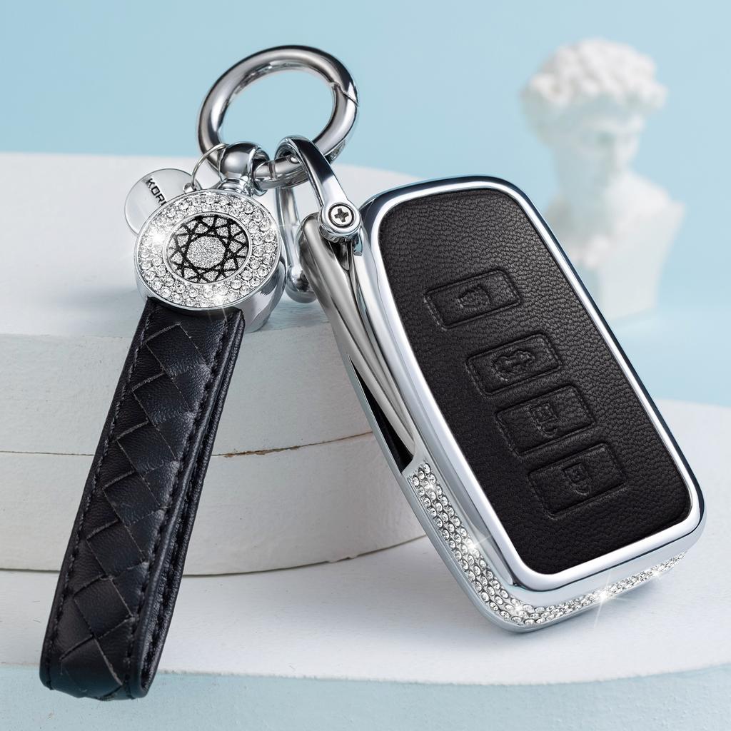 for Lexus Key Fob Cover with Keychain, Pink Genuine Leather Crystal Key Case Protection Shell Compatible with Lexus RX ES GS LS