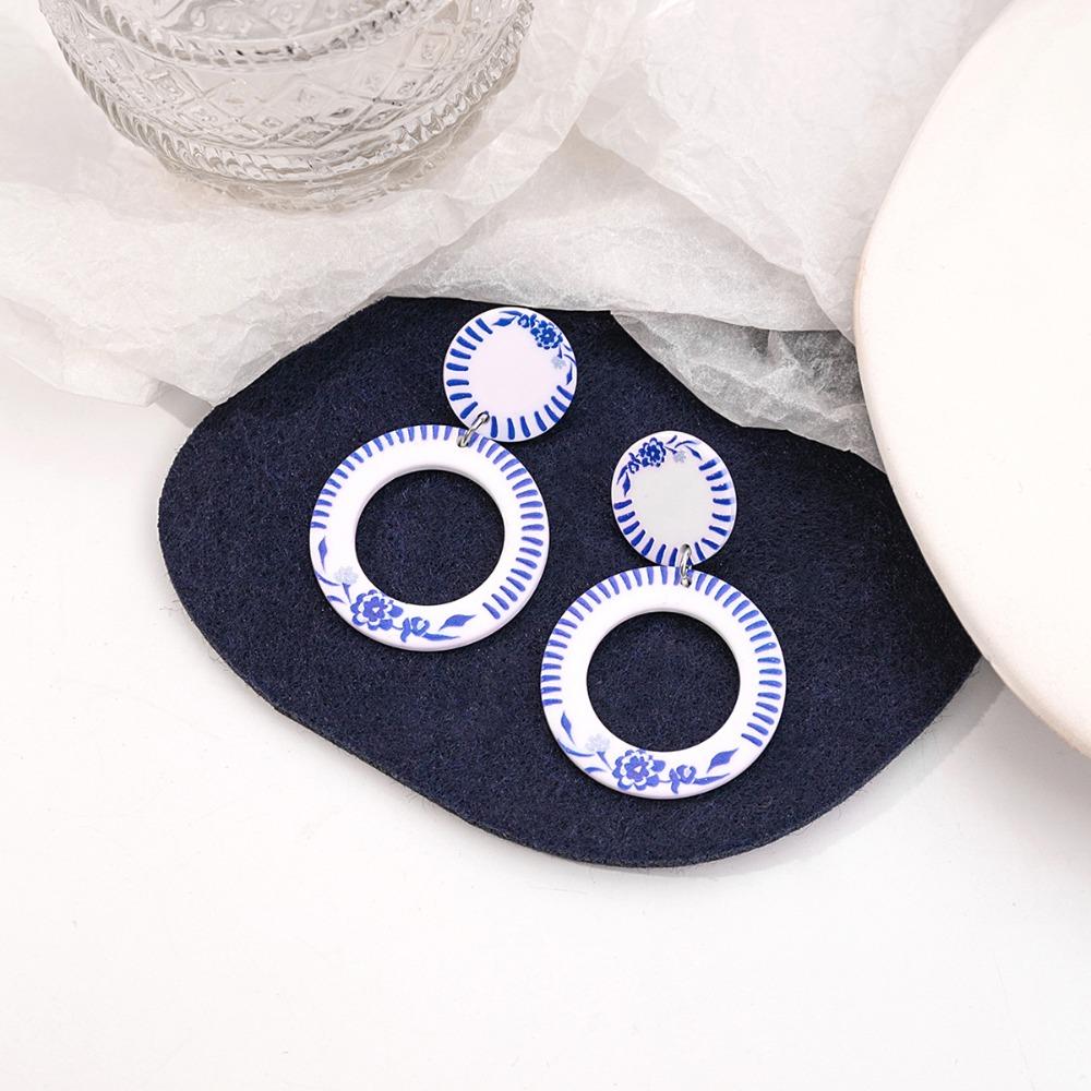 Chinese Style Blue and White Porcelain Earrings Wave Point Elegant Geometric Earrings  Lady/Gifts