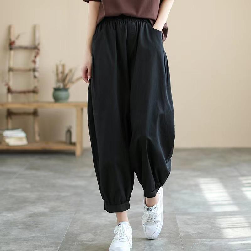 Summer New Literary and Retro Loose and Thin Closed Straight-leg Pants Elastic Waist Nine-point Pants Women