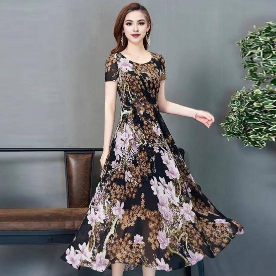 Letnia sukienka damska kwiatowy Print linia A duży brzeg wysoka talia krótkie rękawy wokół szyi plisowana długość do połowy łydki formalna impreza dojazdowa sukienka Midi