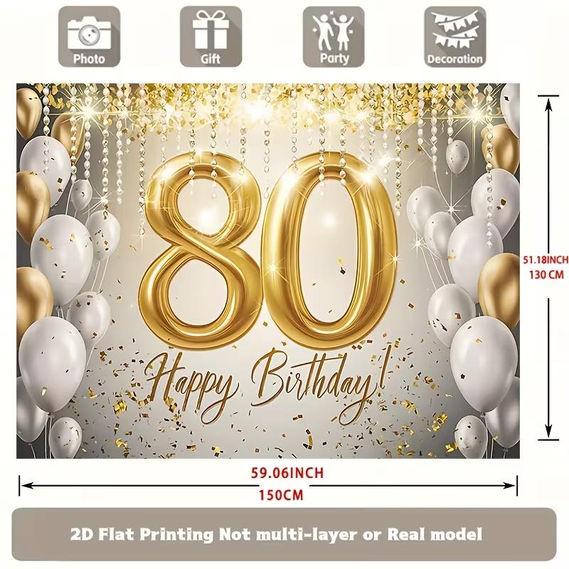 2D Luxury Gold Number 80 Happy Birthday Backdrop Banner Photo Booth