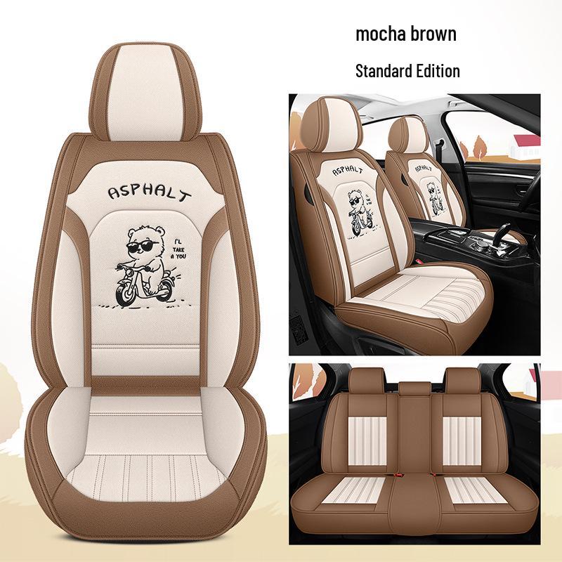 All-Season Linen Car Seat Cover - Breathable, Full Coverage with Cute Cartoon Design for Autumn/Winter