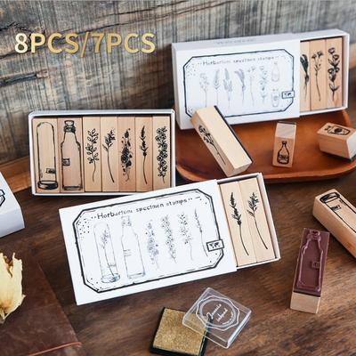Wooden Seal Set Plant Vase Series Diary Album Hand Ledger Decorative Seal Set