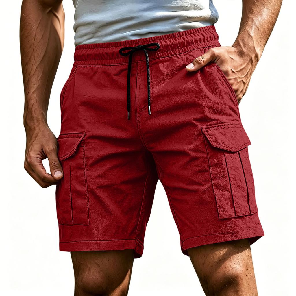 Men's Casual Cargo Shorts Elastic Drawstring Waist Multi-Pocket Summer Quick Dry Workout Solid Color Beach Short Pants