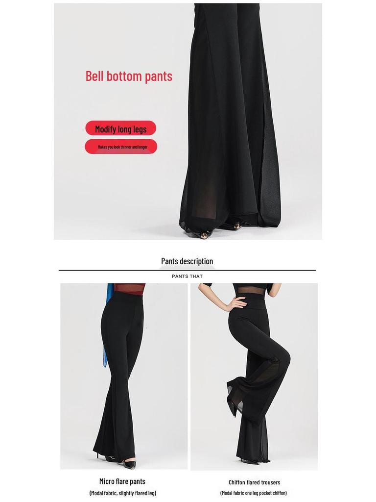 Women's V-Neck Short Sleeve Dance Outfit with Black Flared Pants