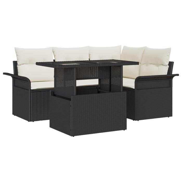 Ensemble de canapé de jardin 5 pièces avec coussins noir rotin poly, Canapé de jardin 2 places avec rangement et coussins 3357010