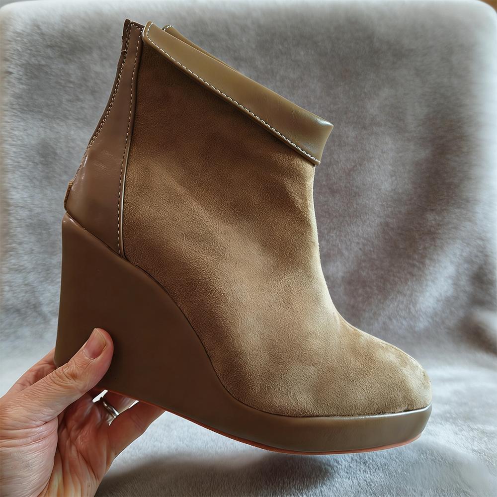 Stivaletti da Donna Primavera Autunno Pelle Scamosciata Zeppa Caviglia Piattaforma Tacco Zeppa 10cm Con Zip Posteriore
