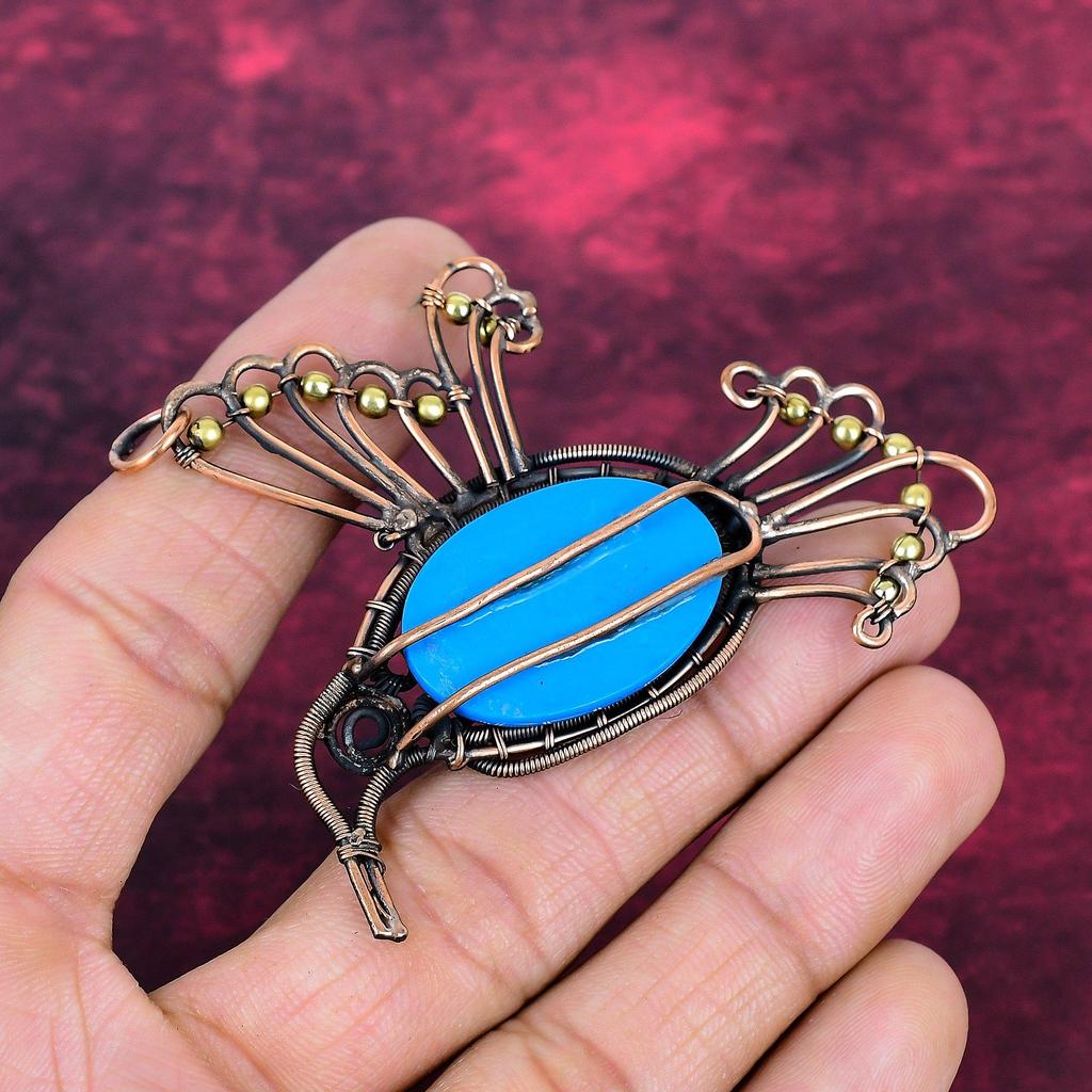 Sleeping Beauty Turquoise And Bird Pendant Copper Wire Wrapped Gemstone Pendant
