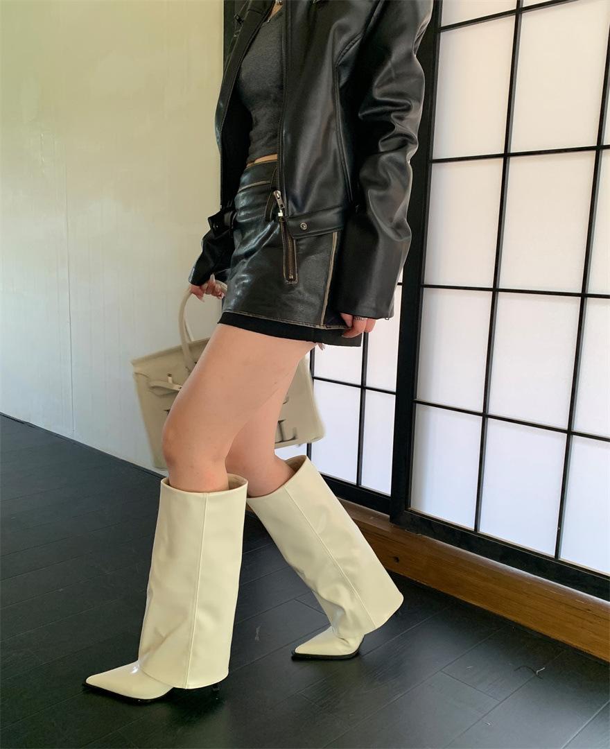 

High-heeled pointed brown Maillard trousers medium boots women s shoes 2025 new spring and autumn winter long tube knight boots 39