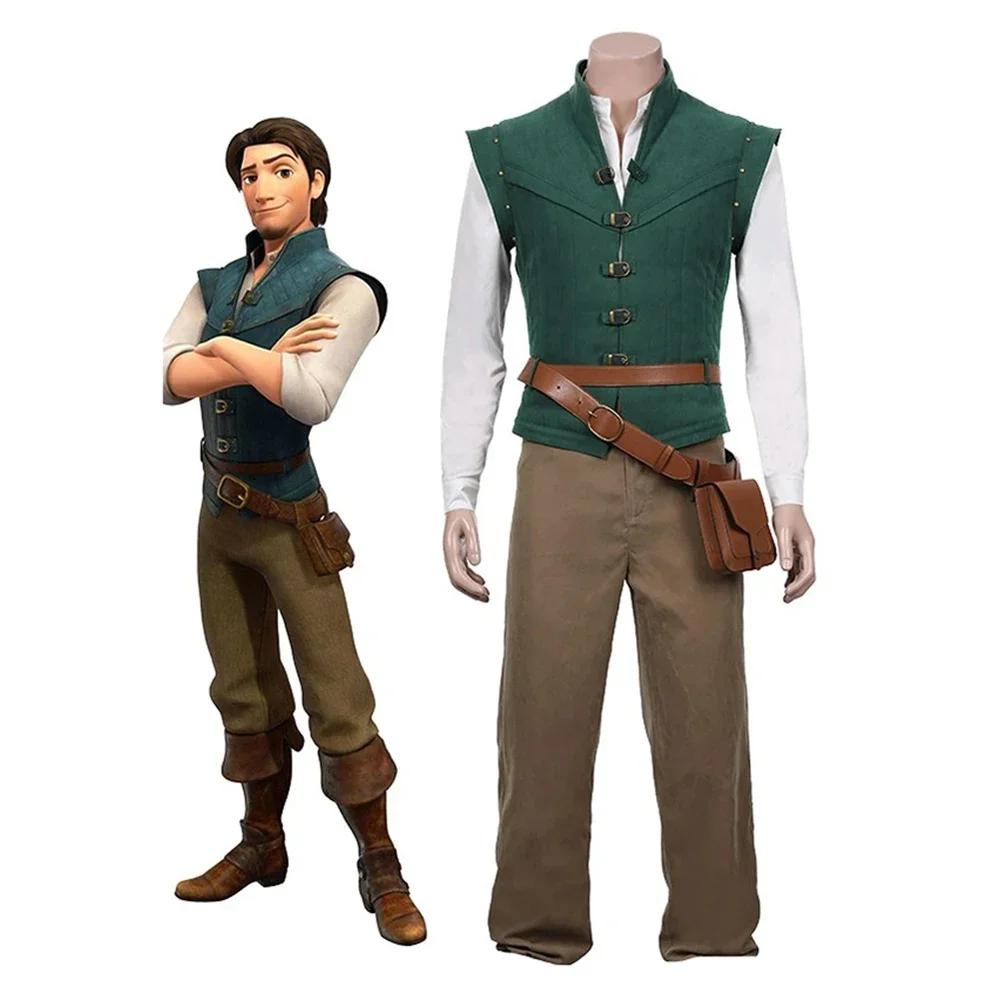Flynn Rider Cosplay Costume Green Vest White Shirt Brown Pant Adult Carnival Uniform Anime Halloween Costumes for Man
