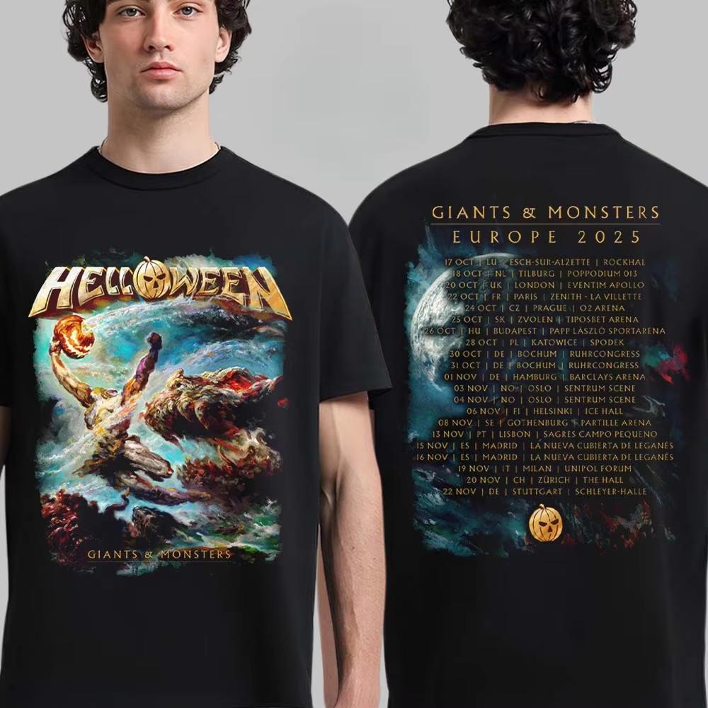 Helloween 2025 Europe Tour Hooded Wizard Poster Print Tee Power Metal Band Streetwear Casual Unisex Top with Full Show Dates