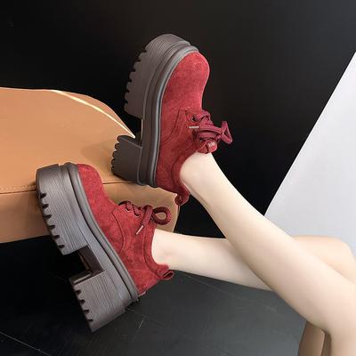 Fashion Women's Thick Sole Loafers Round Head Suede Medium Heel Shoes Women Retro All-match Breathable Anti-slip Shoes Zapatos De Mujer