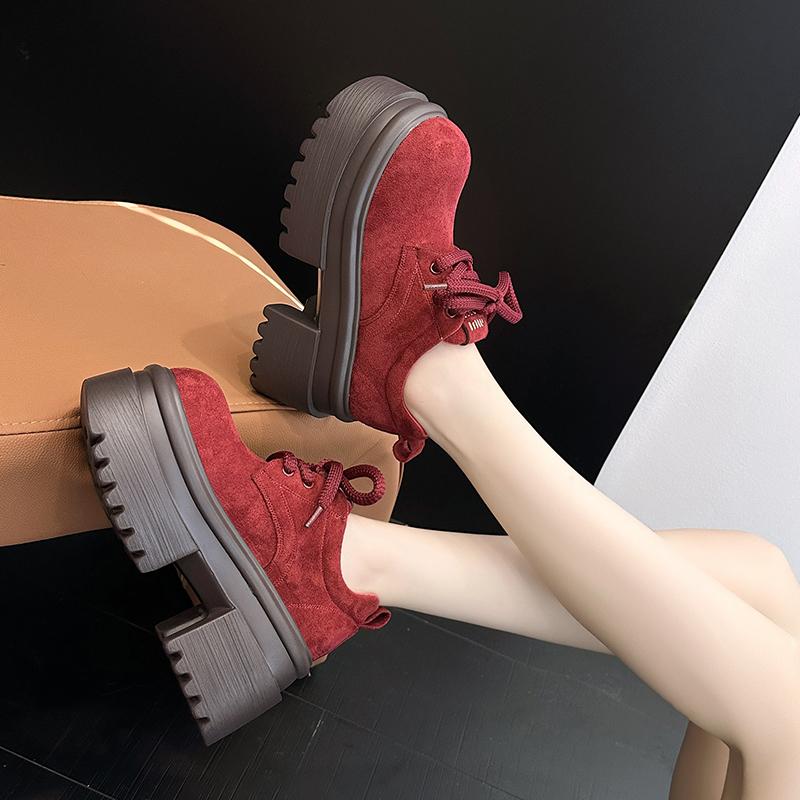 Fashion Women's Thick Sole Loafers Round Head Suede Medium Heel Shoes Women Retro All-match Breathable Anti-slip Shoes Zapatos De Mujer