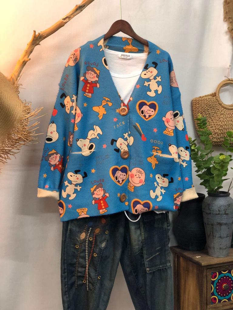 Factory new autumn and winter cute printed imitation mink velvet jacket women's Korean version loose lazy sweater