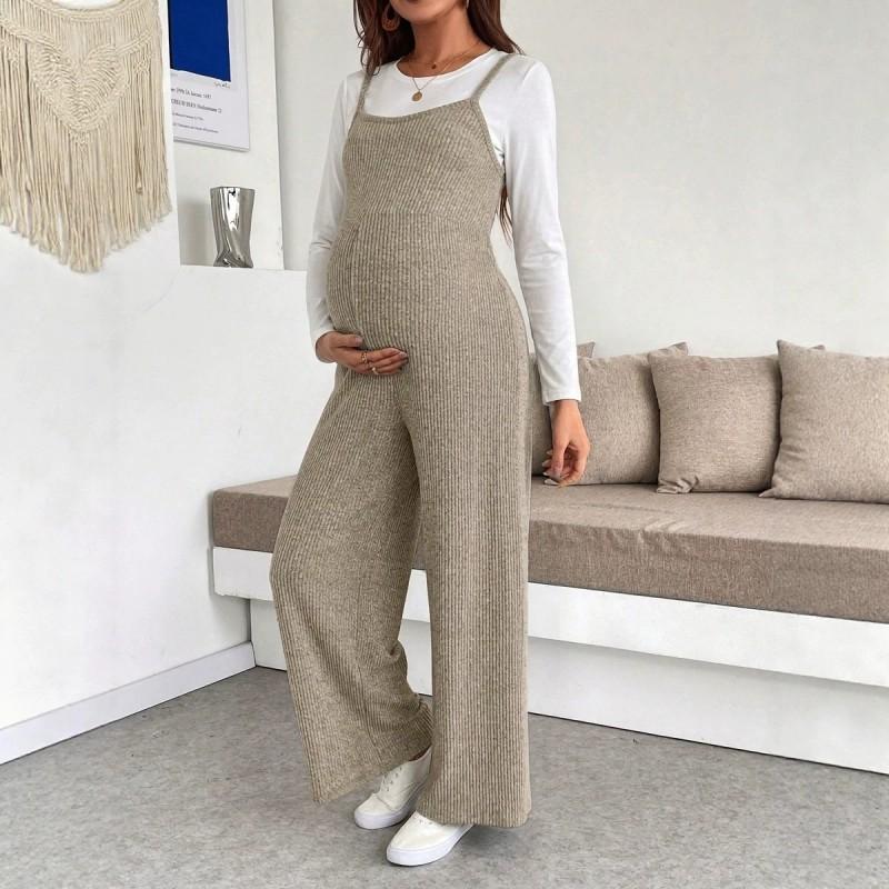 Maternity Jumpsuit With Adjustable Straps Loose Knit Wide-Leg Pants Comfortable Casual Pregnancy Wear