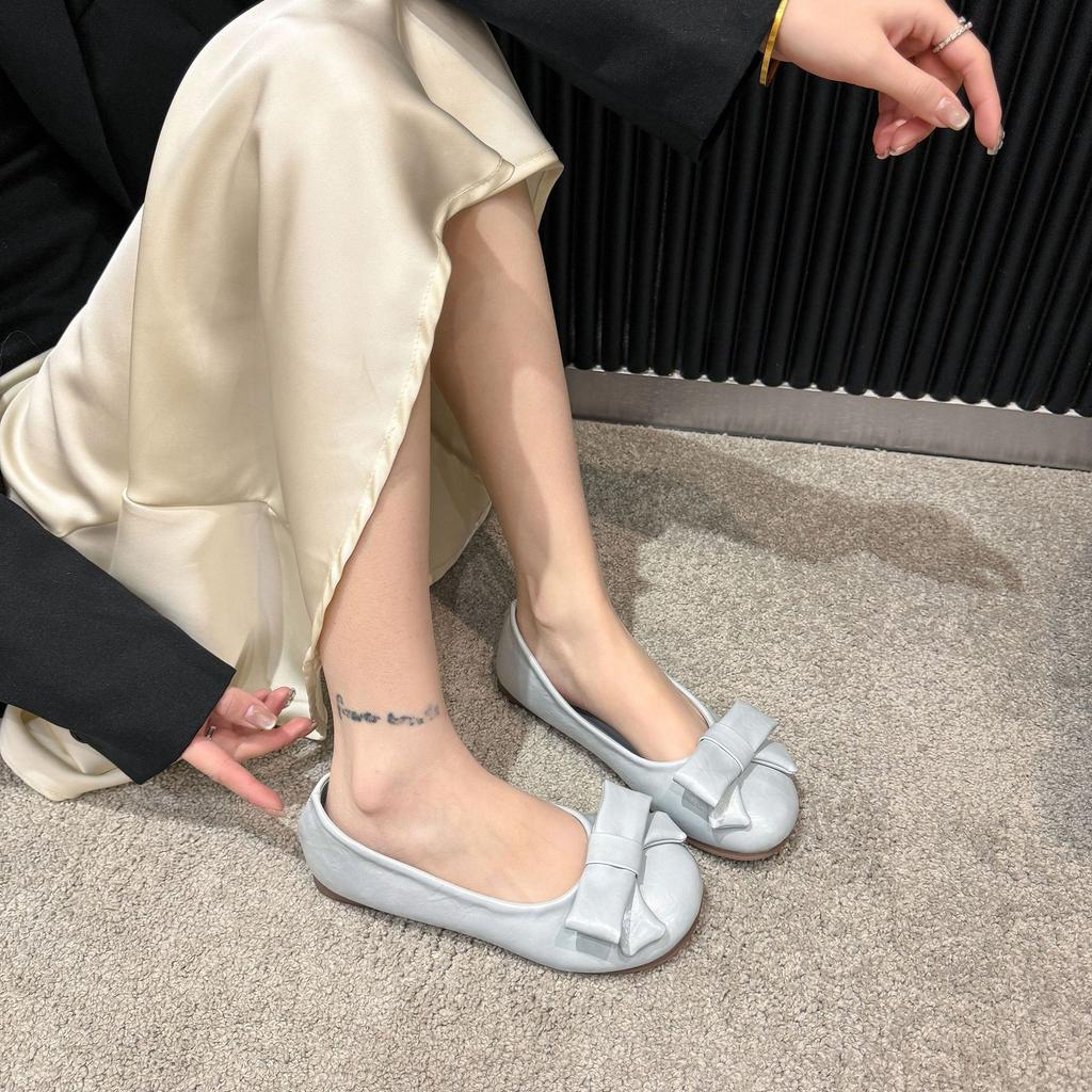 Soft cute round head bow flat ballet shoes for women 2025 new versatile girl Mary Jane single shoes for women