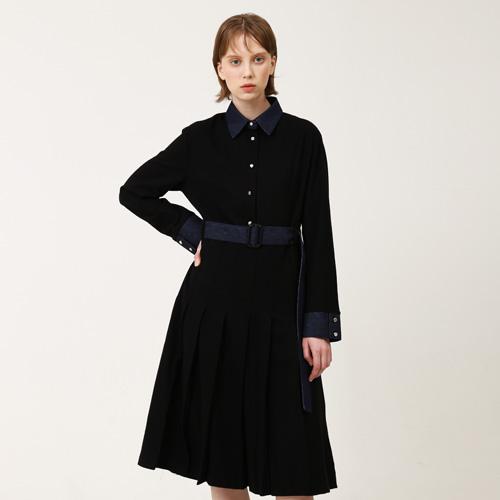 Bunderghost Denim Color Block Pleated Long Dress Black