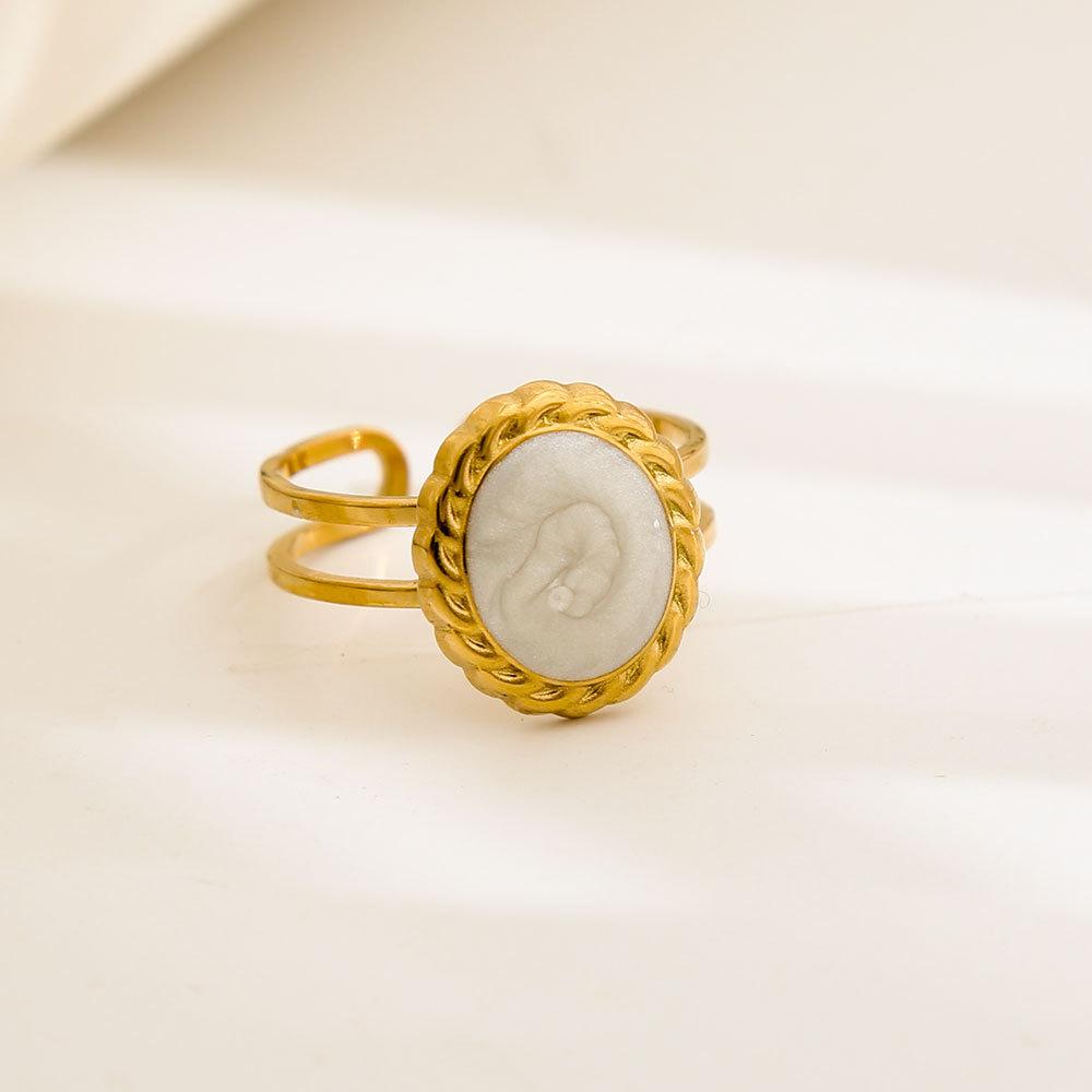 Bohemia Retro Gold Color Stainless Steel Artificial Pearl Shell Cameo Green Opal Stone Open Adjustable Rings for Women Jewelry
