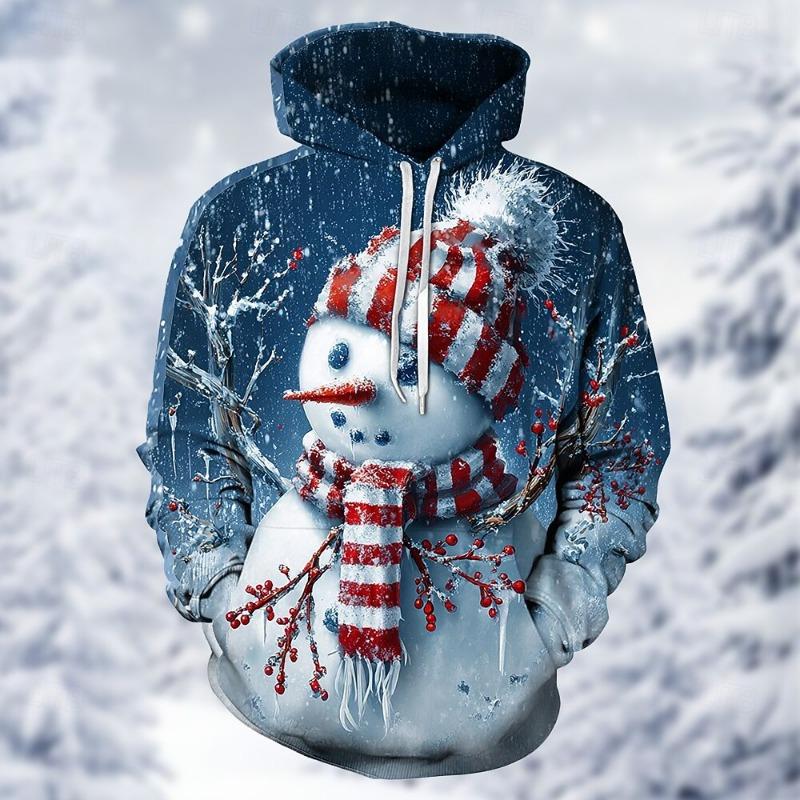2025 Christmas Men's Snowman Hoodie Sweatshirt Cute Crew Neck Hooded Home Party Gift Drawstring Fall Winter Designer
